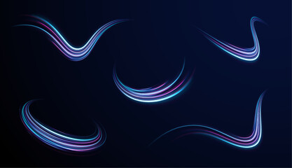 Laser beams luminous abstract sparkling isolated on a transparent background.  Abstract background in blue and purple neon glow colors. Png, lens, light, neon, line, blur, beam, ray.