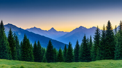 Majestic mountain sunrise, alpine meadow, evergreen forest, tranquil landscape, ideal for travel brochures