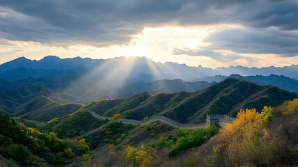 Fototapeta premium Majestic sunset illuminating the Great Wall, winding through autumnal mountains. Perfect for travel brochures