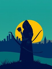 Silhouette of an archer against a city sunset.

