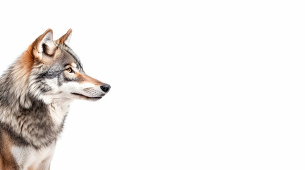 Fototapeta premium Majestic wolf profile, alert gaze, white background, wildlife photography, ideal for nature documentaries