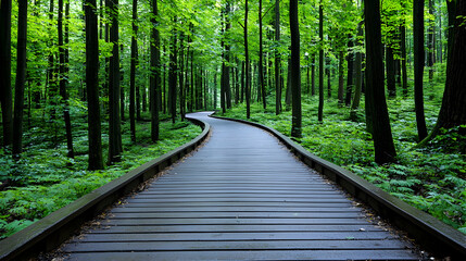 Obraz premium Winding path through lush green forest, nature tranquility, background peace