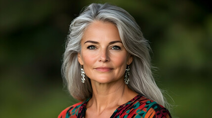 Mature woman, gray hair, outdoor portrait, blurred green background, beauty campaign