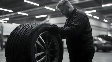 Mechanic inspecting tire, auto repair shop,  background blurred, service concept
