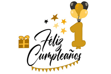 vector de texto feliz cumpleaños con globo y regalos y el número 1