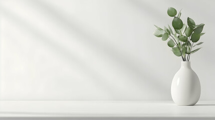 Minimalist white vase with eucalyptus leaves on a white table, sunlight background; ideal for product display