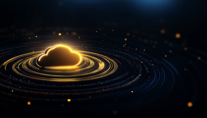 Fototapeta premium Digital cloud with glowing rings in a dark space, representing data technology and connectivity.