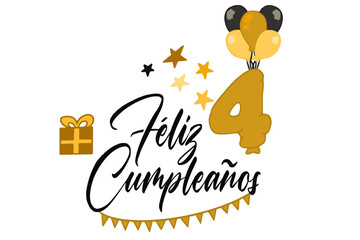 vector de texto feliz cumpleaños con globo y regalos y el número 4