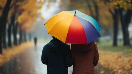 couple walks under colorful umbrella in rainy autumn park, surrounded by vibrant fall foliage.