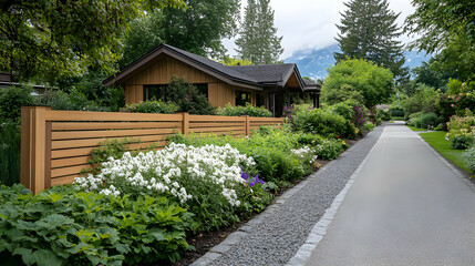 Modern house, garden path, mountain view, landscaping design