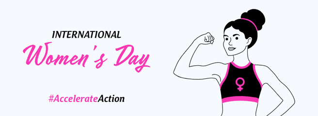 A woman with a flexed arm symbolizes strength: International Women's Day, #AccelerateAction. The crayon vector hand-drawn banner in pink and black colors highlights a female campaign. March 8. IWD.