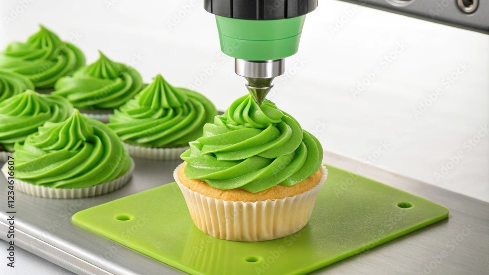 Poster automated food printing machine adding bright green icing on a cupcake, showcasing the precision and