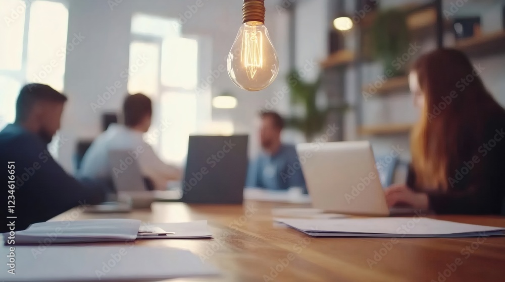Poster light bulb hangs above a wooden table in an office where business people are working on laptops and 
