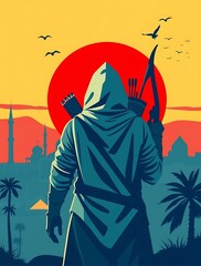 Archer silhouette against vibrant sunset and cityscape.

