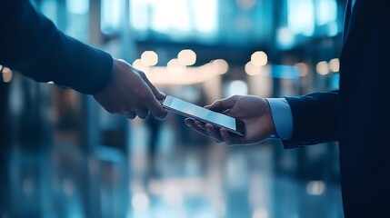 People exchanging smartphone at a business center