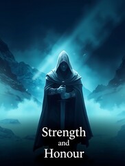 A hooded figure embodies strength and honor in darkness.

