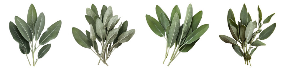 Sage leaves isolated on transparent background, PNG, Set of