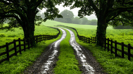 Obraz premium Winding country road, green fields, trees, rain. Landscapes use