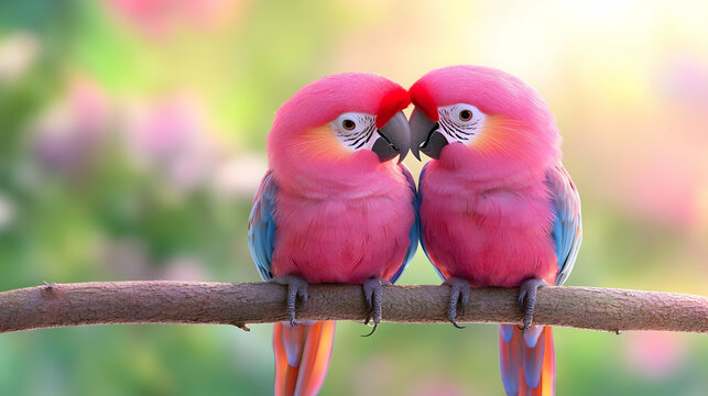 Pink parrots cuddling on branch, spring garden