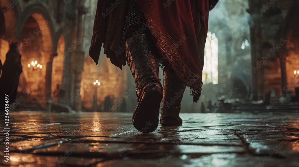 Aufkleber enigmatic figure walking through mystical stone hall with candlelit atmosphere and medieval architec