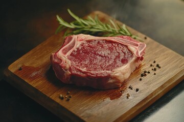 Ribeye steak raw fresh meat on wooden board on dark background