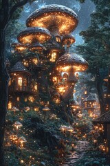 Obraz premium Enchanted Mushroom Village Illuminates Night Forest