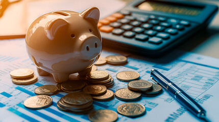 A piggy bank surrounded by coins and a calculator on financial documents symbolizes saving and budgeting.