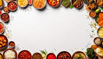 Variety of colorful Asian dishes and ingredients arranged around blank space, ideal for food-themed designs. 
