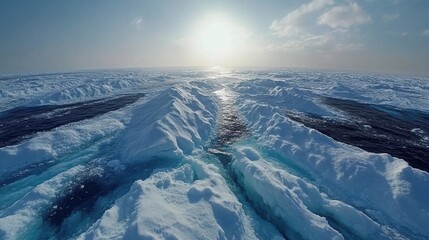 Frozen sea ice and water at the polar region with bright sun in the sky