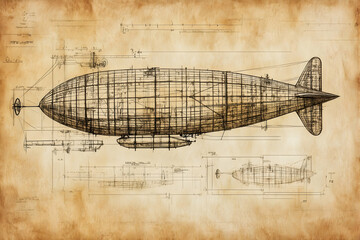 Vintage airship blueprint on antique paper with technical drawings