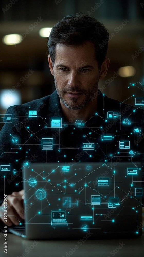 Aufkleber focused man working on laptop with glowing data network visualization
