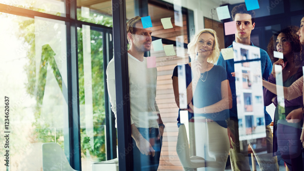 Poster planning, ideas and business people at glass with collaboration, sticky note and brainstorming in of