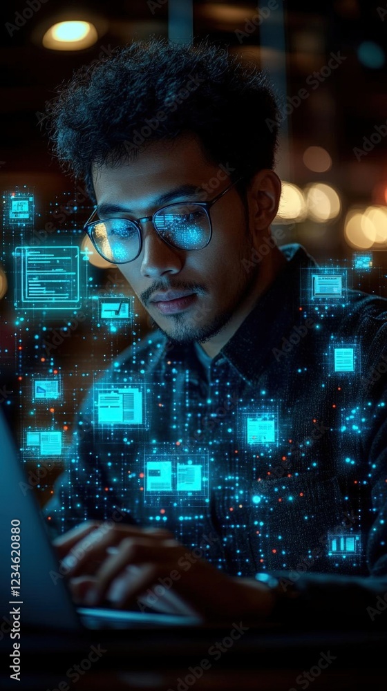 Poster focused programmer working on laptop at night with glowing digital interface