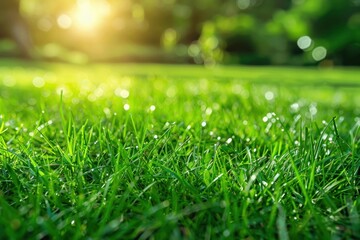 Naklejka premium Fresh green grass background in sunny summer day outdoors nature plant.