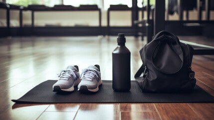 Sleek gym gear neatly arranged, including a black bag, shaker, and shoes, epitomizing readiness and the pursuit of fitness goals.