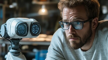 Person Engaging with Future Robot Companion in Cozy Workspace