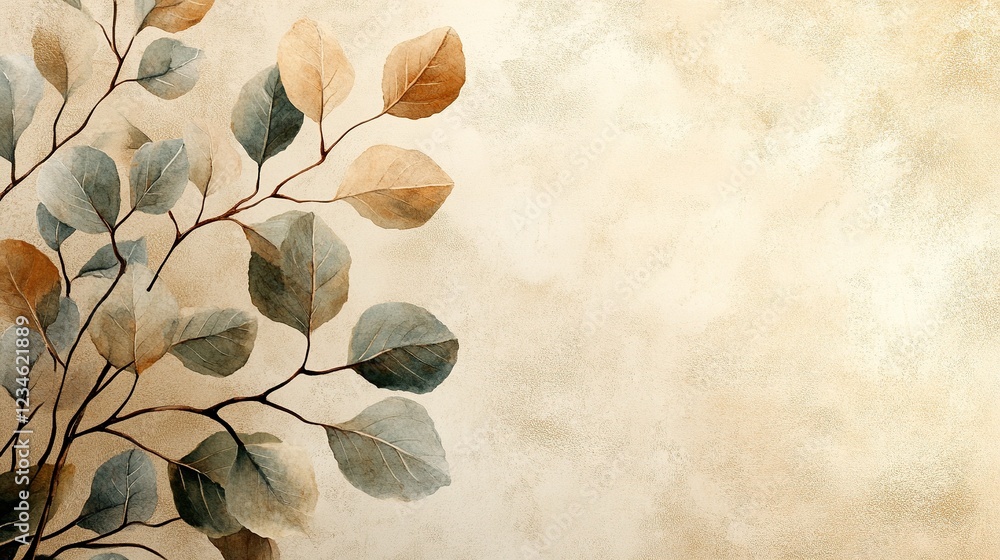 Poster branches with leaves on light textured background for design or display