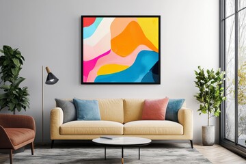 Stylish living room interior with abstract frame poster
