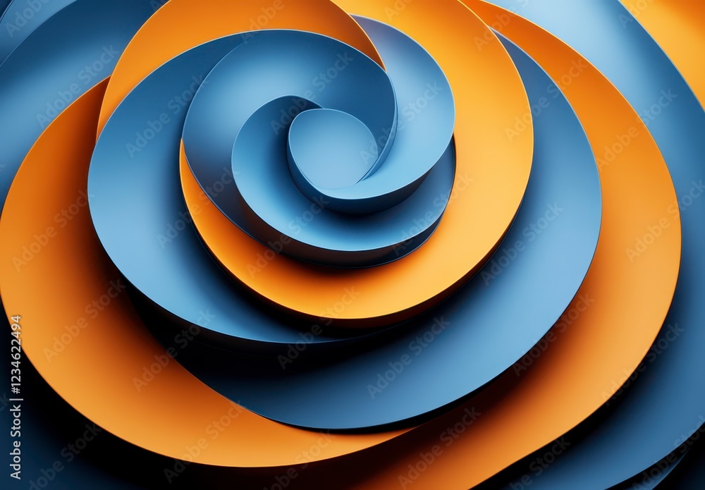 Poster abstract background with blue and orange spiral shapes. 3d rendered illustration with layered, curve