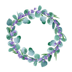 Watercolor eucalyptus and lavender branches wreath, round frame isolated on white background. Hand drawn botanical illustration. For wedding invitations, save the date, greeting card, logos, prints.