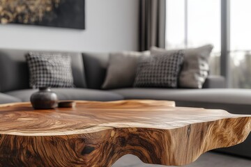 Close up of a natural wood rustic live edge coffee table