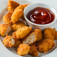 A plate of chicken nuggets with crispy golden coating, served with a side of ketchup and barbecue sauce, fast food style, vibrant colors