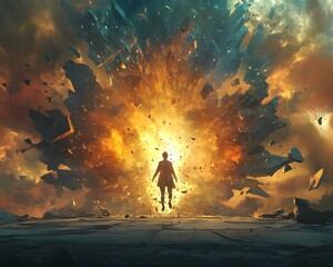 Silhouette man facing to fire explosions , Representing facing new challenges and life difficulties fearlessly .