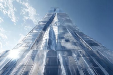 Fototapeta premium futuristic skyscraper with sleek glass facade reflecting azure sky, dramatic upward perspective, modern architectural design with geometric patterns, sunlight creating prismatic reflections