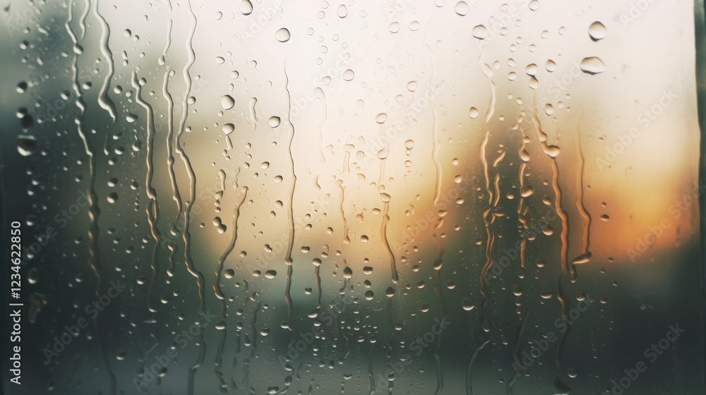 Poster fresh raindrops on a window pane during sunset creating a beautiful condensation effect with warm gl