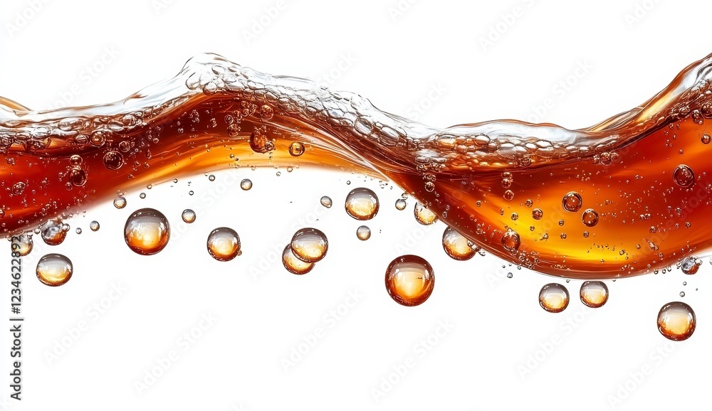 Poster Abstract image of a brown liquid flowing in a wave like pattern against a white background. The liquid is translucent, with many small bubbles