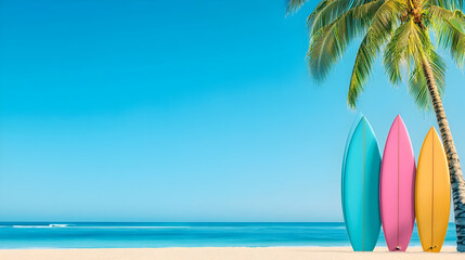 Tropical beach surfboards under palm tree, clear ocean background; summer vacation banner