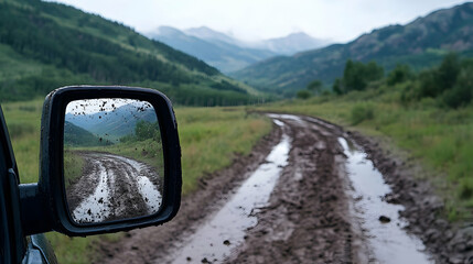Mountain road reflection, muddy track, vehicle mirror, scenic drive, travel adventure