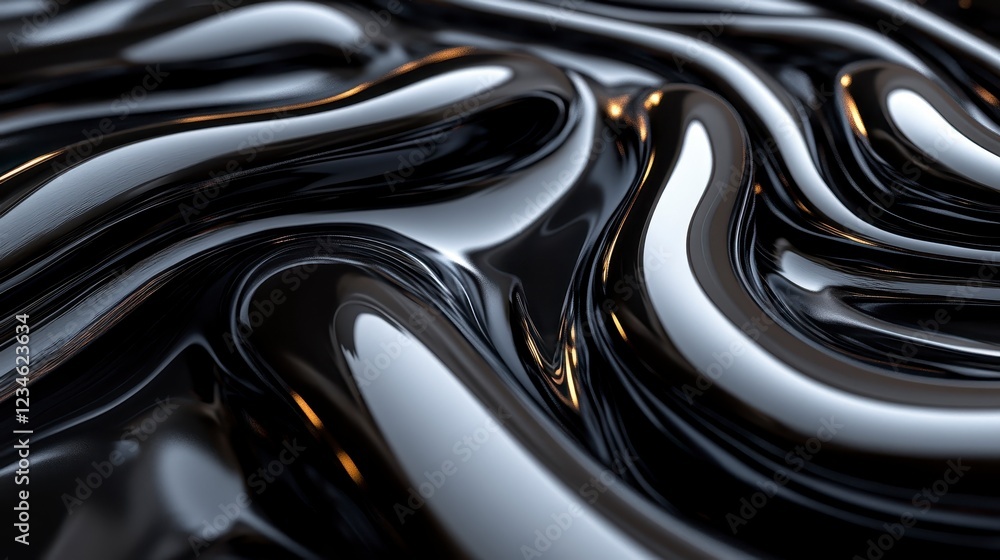Poster abstract image of flowing, dark liquid with subtle highlights and reflections. the texture is smooth