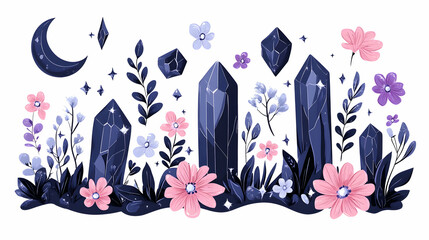Mystical crystals and flowers in a night garden; magical, enchanting illustration for fantasy or occult themes